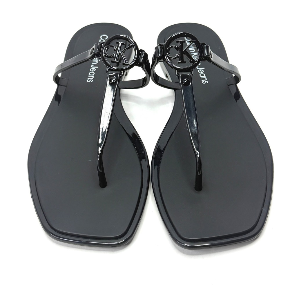 Calvin Klein Women's Edhen Logo T-Strap Flat Jelly Sandals Black Size 10M NWT